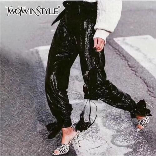 TWOTWINSTYLE Heavy Sequin Pants Female High Waist Bottom Bandages Trousers For Women Spring Fashion 2020 Streetwear New