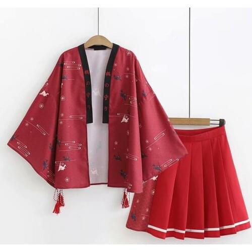 Japan Style Womens Long Flare Sleeves Cardigan Loose Chiffon Coat + Sailor Collar Shirt + Pleated Mini Skirt