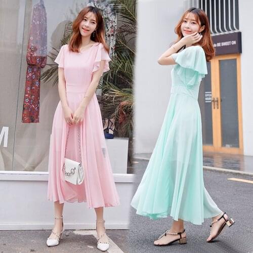 TingYiLi Women Long Dress Summer Holiday Beach Maxi Boho Dress Korean Sweet Ruffle Sleeve Blue Green Pink White Chiffon Dress