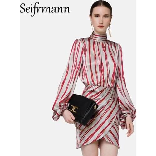 Seifrmann New 2021 Autumn Women Fashion Runway Party Mini Dress Long Sleeve Sashes Striped Print Elegant Split Dresses Vestidos