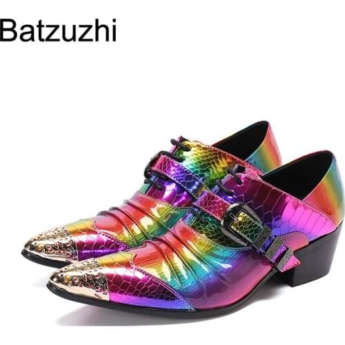 Batzuzhi Rock Handmade Mens Shoes Pointed Golden Metal Toe Leather Dress Shoes Men Lace-up Multi Fashion Party and Wedding Shoes