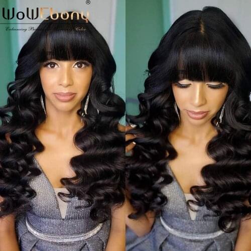 Brazilian bangs wig for women silk base body wave human hair wigs with neat bangs 250 density full machine made wigs remy 22 "