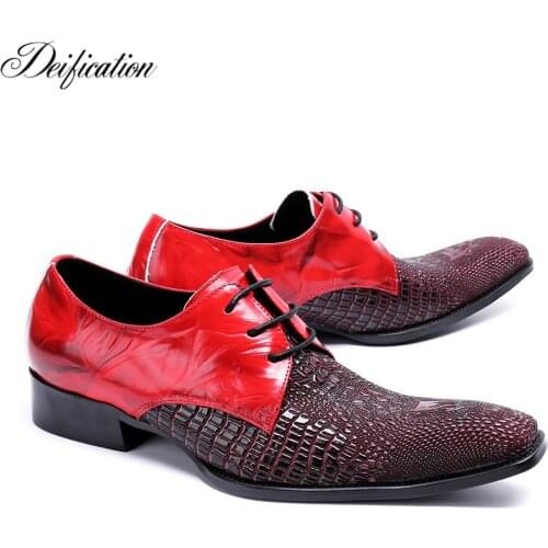 Deification Luxury Red Genuine Leather Mens Wedding Shoes Fashion Lace Up Formal Shoes Business Men Party Shoes Chaussure Homme