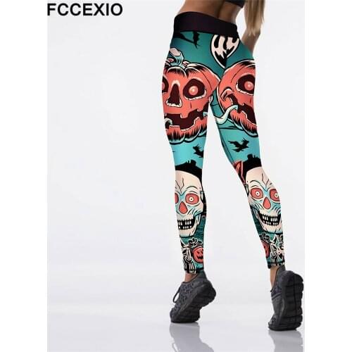 FCCEXIO Halloween New High Waist Fitness Pumpkin Skeleton Print Leggings Women Workout Legging Fashion Jeggings Women Pants