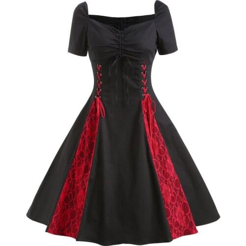 Halloween Vintage Gothic Lace Up Dress Women Dresses Cotton Zipper Pleated Lace Female Elegant Plus Size Party Bandage Dresses