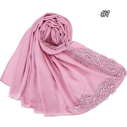 Beautiful Floral Appliques Lace hijab scarf plain bubble chiffon wraps beads shawls muslim fashion long Shawl wraps 180x72cm