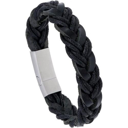 Fashion Trendy Mens Bracelets Simple and Versatile Magnetic Buckle Leather Bracelet Retro Braided Stainless Steel Bracelet