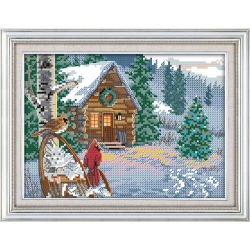 Winter cabin cross stitch kit bird 14ct Pattern printed on canvas DMC embroidery handmade needlework craft supplies material