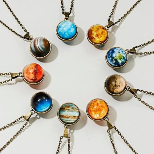 Personality Galaxy Pendant Necklace Eight Planets Luminous Double Sided Retro Pendant Necklace Earth Glow In The Dark Necklaces