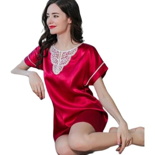 Sexy Real Silk Pajamas Female Spring Summer Lace Elegant Short Sleeves 100% Mulberry Silk Sleeping Skirt Home Dress