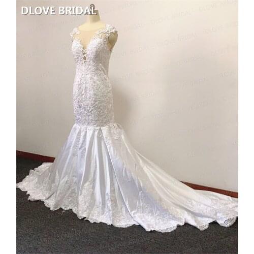 Backless Wedding Dresses Illusion V Neck Lace Satin Mermaid Bridal Gown Factory Custom Made Dress Real Photos