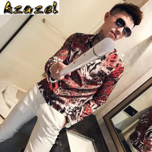 Hot Spring new Fashion tide Men Dress Korean slim flower shirt beach shirts male long sleeve nightclub hair stylist clothing