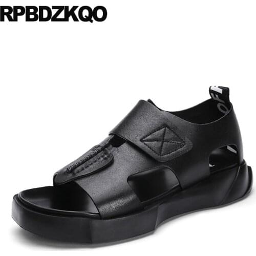 Casual nice soft open toe platform black flat sandals genuine leather beach summer italian designer shoes men high quality 2019