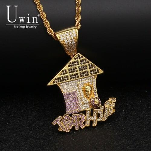 UWIN Trap House Pendant AAA CZ Bling Purple Iced Out Micro Paved Money Bag Necklace Tennis Chains Mens Hiphop Jewelry