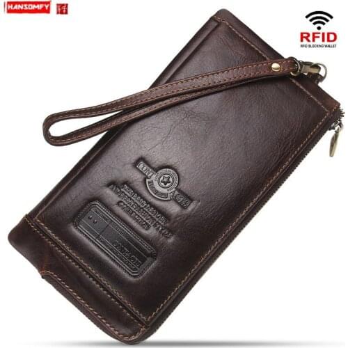 Vintage Leather Mens Wallet Multifunctional Fashion Antimagnetic RFID Clutch Bag Card Holder Long Wallets Coin Purses