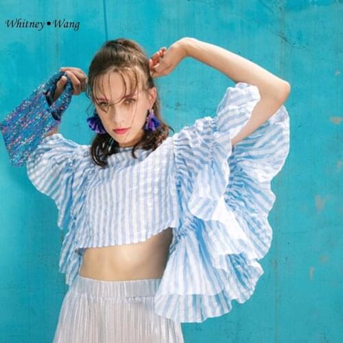 WHITNEY WANG Designer Style Big Flare Sleeve Striped Crop Tops Women Blouse Lady Blusas Shirt Girls Party Wear