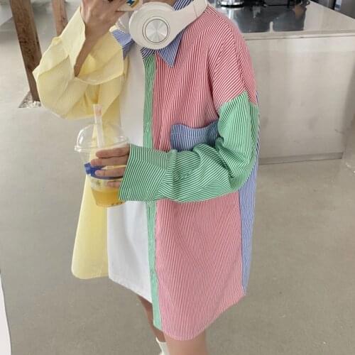 Women Street Unique Long Blouse Shirt Summer Spring Colorful Stripped Blusas Feminina Casual Tops Blouses Spliced Shirts NS619