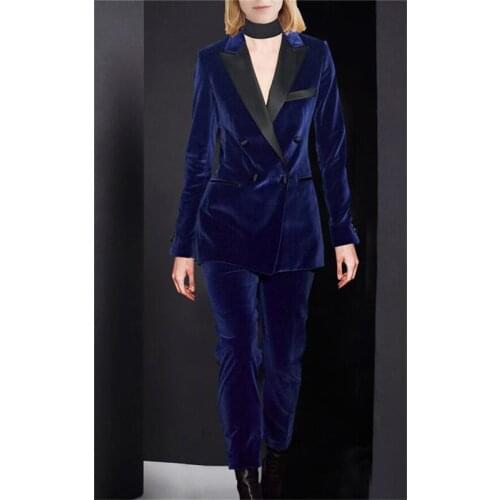 Royal Blue Velvet PantSuits for Women Slim Fit Jacket =Pants Women Suits Women Tailored Peak Collar Jacket Suits Female Ladies