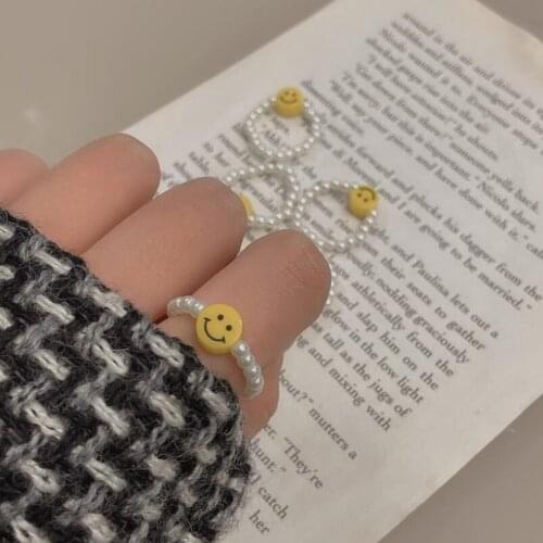 2021 ins New Minimalist Multi Bead Simulated Pearl Smile Face Geometric Rings for Women Finger Jewelry Adjustable Elastic Ring