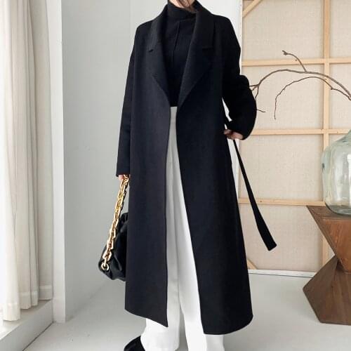 Womens Long Coat Wool-blend Sashes Lace-up Loose Autumn and Winter Solid Color Jacket