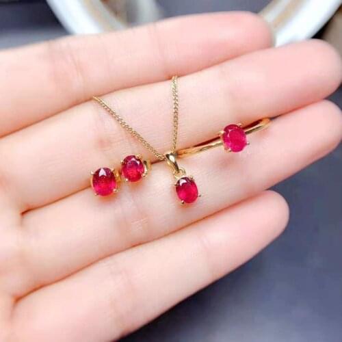Natural Newly burned Ruby Ring Pendant Necklace Simple Set 925 Sterling Silver Fine Fashion Weddings Jewelry for Women MeiBaPJFS