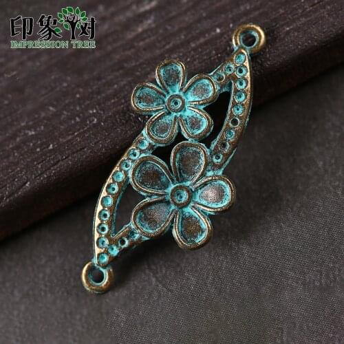 10pcs 18*37mm Alloy Verdigris Patina Plated Arc-shaped Double Hole / Flower Vintage Charms For DIY Jewelry Making Bracelet 27055