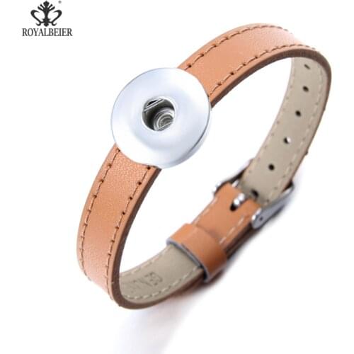ROYALBEIER romantico pulseiras couro Genuine Leather Bracelet Snap Fit 18mm Snap Button braceletes femininos Jewelry SZ0564
