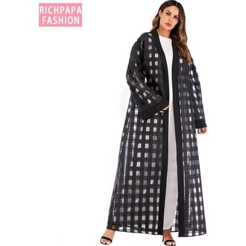 Black Abaya Dubai Long Chiffon Mesh Plaid Muslim Hijab Dress Turkish Islamic Clothing Qatar UAE Abayas For Women Kimono Cardigan