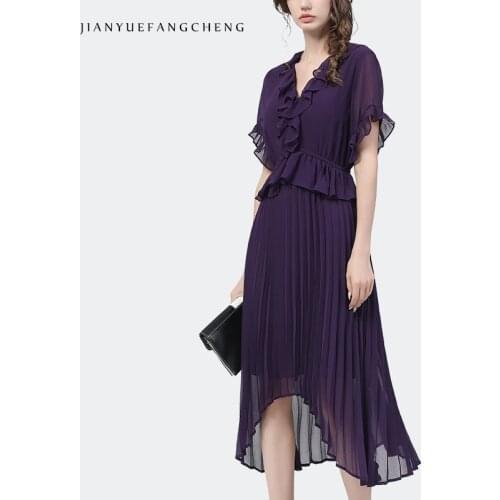 Long Purple Chiffon Pleated Dress Women 2021 Summer New Mid-Length Ruffles V-Neck Short Sleeve Plus Size Elegant Bodycon Dresses