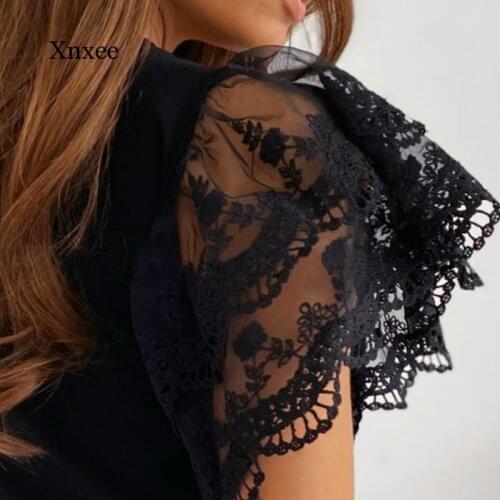 Summer Womens Lace Patchwork Slim T-Shirt Ladies Ruffled Short Sleeve T-Shirt Elegant Casual Pure Color Top O-Neck White Black