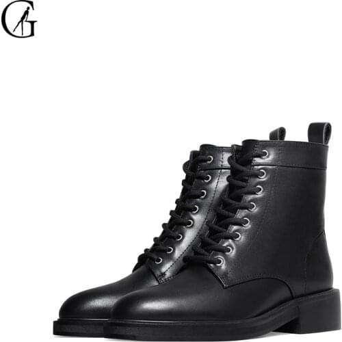 GOXEOU Womens Ankle Boots PU Matte Black Round Toe Front Lace Square Heel Casual Fashion Student Office ladies Shoes Size 32-46