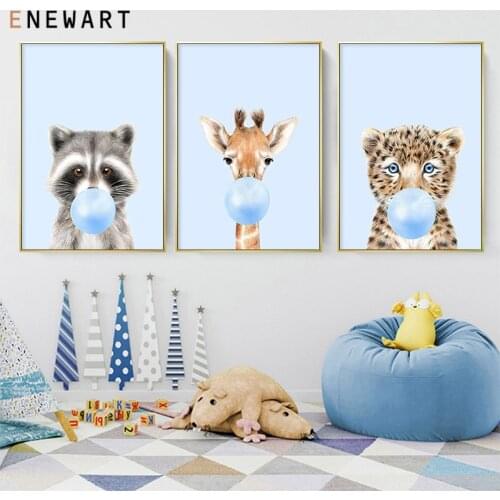 Woodland Animal Giraffe racoon blue Chewing Bubble Gum Canvas Poster Nursery Print Painting Picture for Baby Kids Bedroom