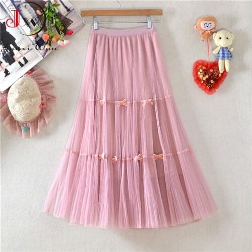 Sweet Korean Mesh Pleated Skirt Women Elastic Waist 2021 Spring Summer Bow Elegant Office Ladies Long Skirt Saias Faldas