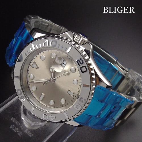 Sapphire Glass BLIGER 40mm Silver Color Dial Mens Watch Ceramic Rotating Bezel Luminous Marks Stainless Band Automatic Movement