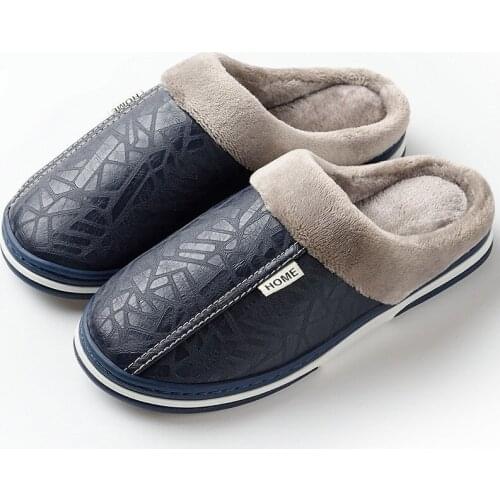 Mens Winter Slippers Plus Size PU Leather Waterproof Warm Home Women Fur Slipper Male Couple Platform Slides Indoor Shoes
