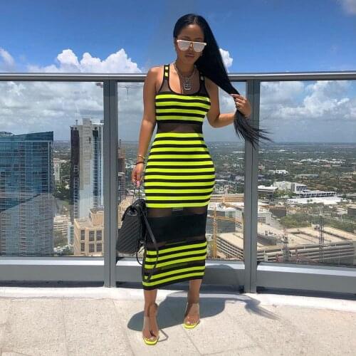 2021 New Womens Sexy Mesh Stitching One-Piece Dress Round Neck Slim Hanging Neck Suspender Casual Dress