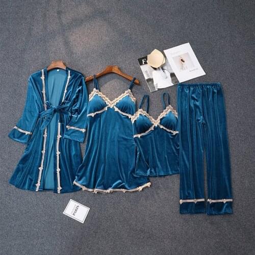 New Sexy Velvet Pajamas Womens 4 Piece Set Full Sleeve Pant Autumn Winter Homewear Strap With Bra Sleepwear Lace Trim Nightwear