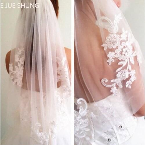 E JUE SHUNG One Layer Lace Appliques Wedding Veils Crystals Bridal Veil Wedding Accessories