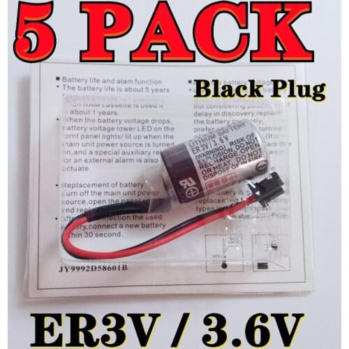 5 PACK Original New ER3V 3.6V 1000mAh PLC Battery With Black Plug Free Shipping