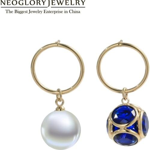 Neoglory Blue Zircon & White Shell Pearl Ball & Circle Asymmetry Earrings for Women Roud Beads Dangle Fashion Jewelry Gifts
