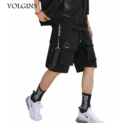 Streetwear Men Hip Hop Short Joggers Streetwear Harajuku Cargo Shorts Ribbons Pockets Summer Black Tatical Military Baggy Short