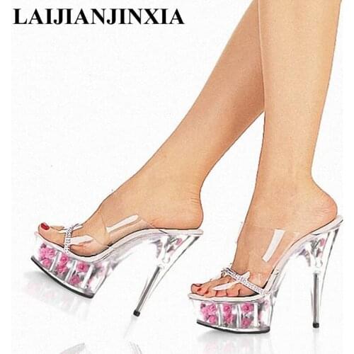 LAIJIANJINXIA 15cm Thin Heels High-Heeled Shoes Performance Shoes Rose Crystal Slippers 6 Inch Lovely Flowers High-Heeled Shoes