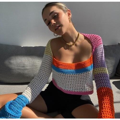 Y2K Spring Summer Pullover Knitted Sweater Women Sexy Girl Blouse Square Collar Low-Cut Color-Stripe Woolen Long-Sleeved Blouse