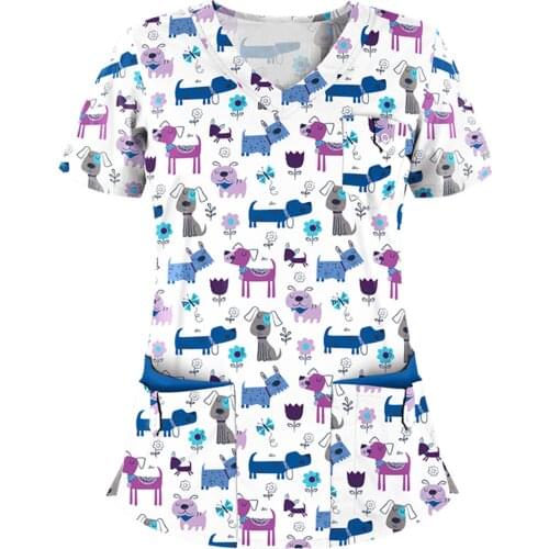 2021 Women Blouse Short Sleeve V-neck Tops Animal Print Printed Working Uniform Cartoon Print Blouse Nurse Overalls Uniforme