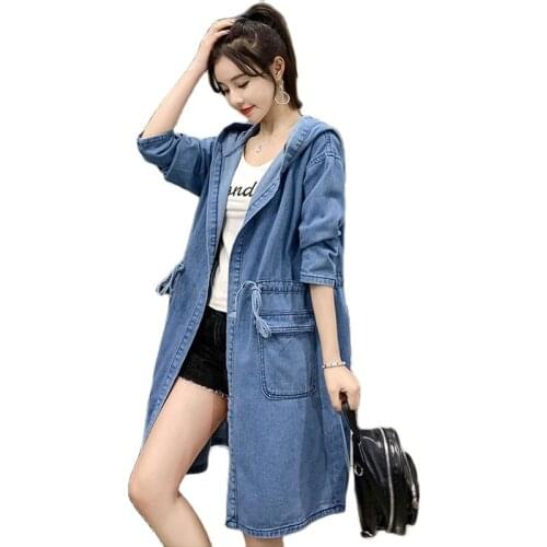 Denim Windbreaker Overcoat Female Spring Autumn Loose Mid-Length Bandage Jeans Coat Solid Color Hooded Vintage Lady Denim Jacket