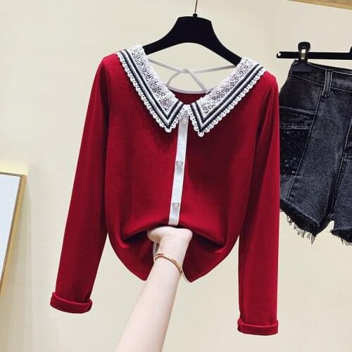 Womens Long Sleeves Lace Turn Down Collar Cotton T-Shirt Tee 2020 Autumn Girls Pullover Casual Tops Tees A4167