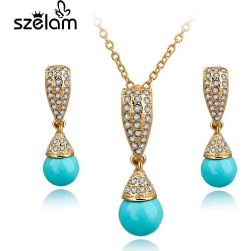 Szelam Simulated Pearl Jewelry Set For Women Gold Color Jewellery Set 2019 Fashion Bridal Necklace Earrings Set SET140028