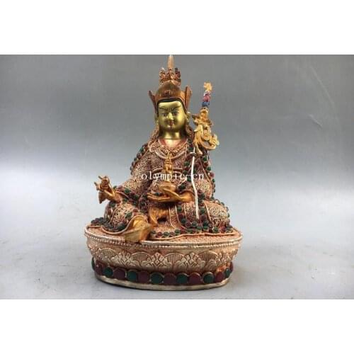9'' Nepal Bronze Gold Silver coral turquoise Tantric master Padmasambhava buddha