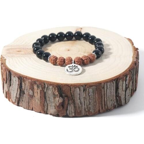 Rudraksha& Black Onyx Mens and Womens Elastic Rope Bracelet Fashion Energy Bangle OM Pendant Semi-Precious StoPrecious Jewelry