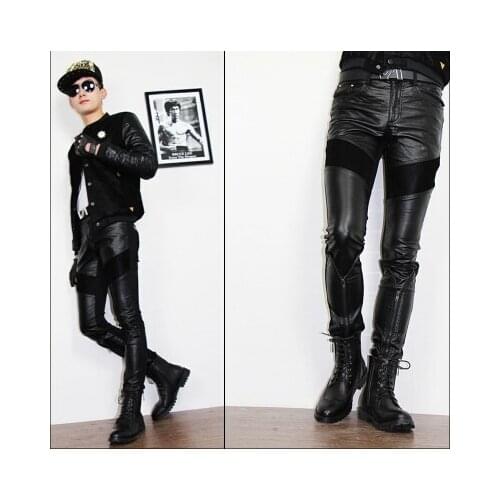 Black autumn splice motorcycle faux leather pants for men personality tight mens PU leather trousers fashion pants clothing